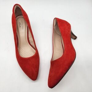 Clarks Linvale Jerica Pump Women 6.5 Red Suede Pointed Toe Kitten Heel Shoes